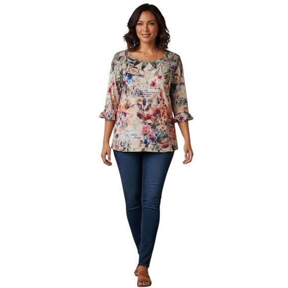 Time & Tru Floral Top 3/4 Ruffle Sleeve Bohemian Blouse Womens Size XXL Romantic - Picture 1 of 10